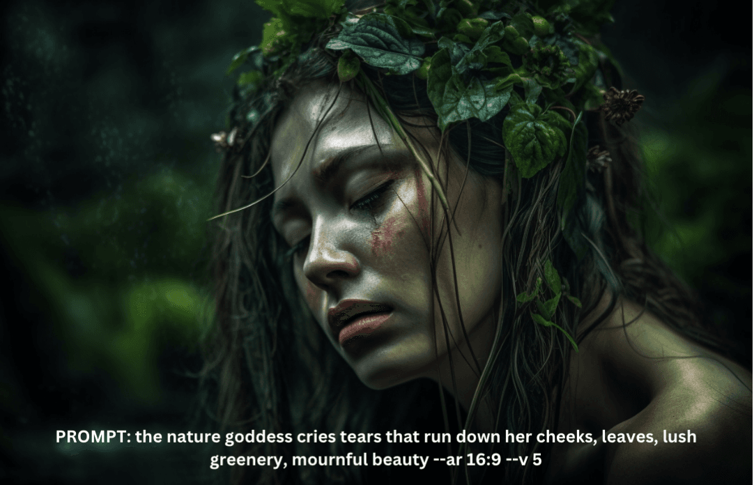 nature goddess cries tears that run down her cheeks, leaves, lush greenery, mournful beauty
