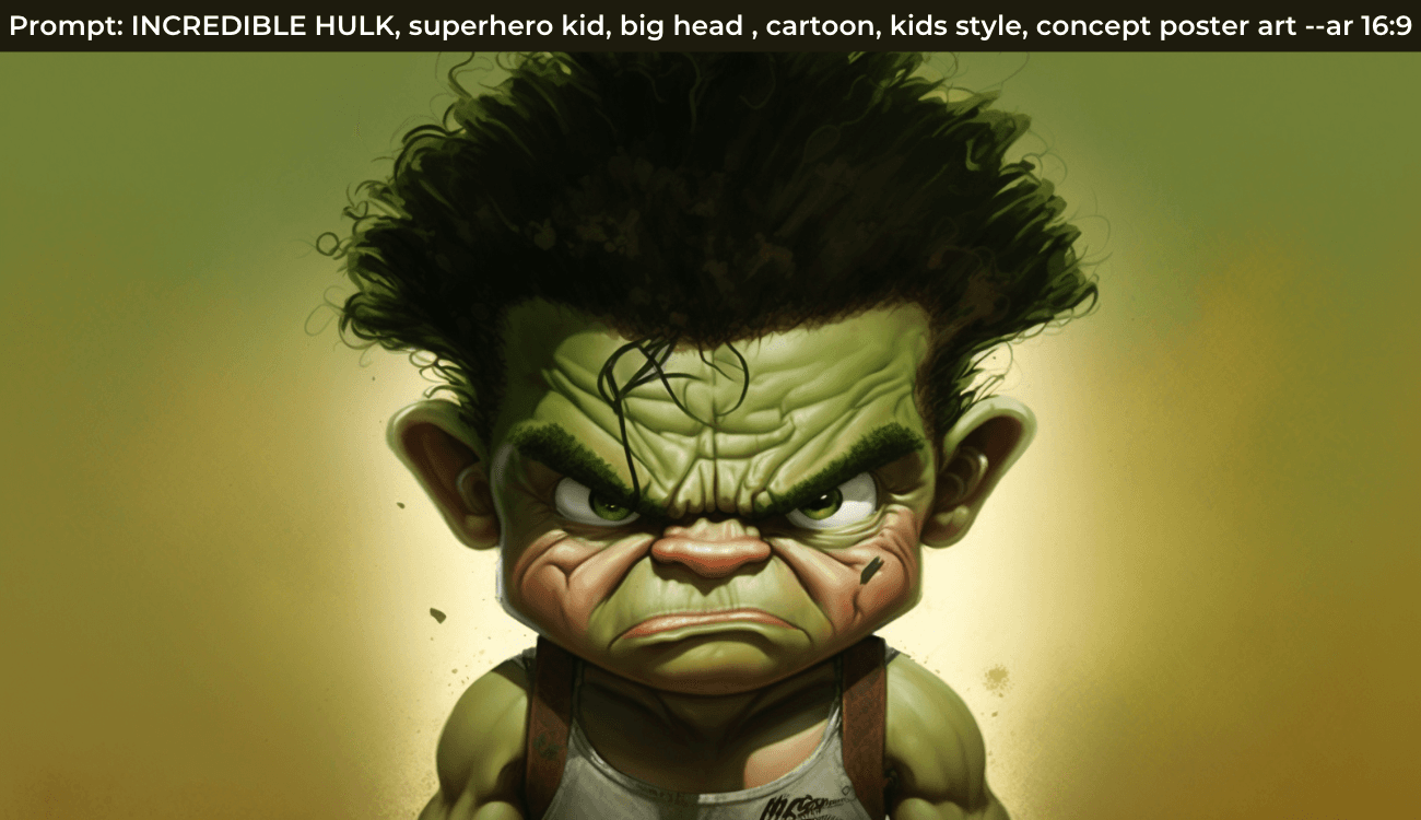 INCREDIBLE HULK, superhero kid, big head , cartoon, kids style, concept poster art --ar 16:9